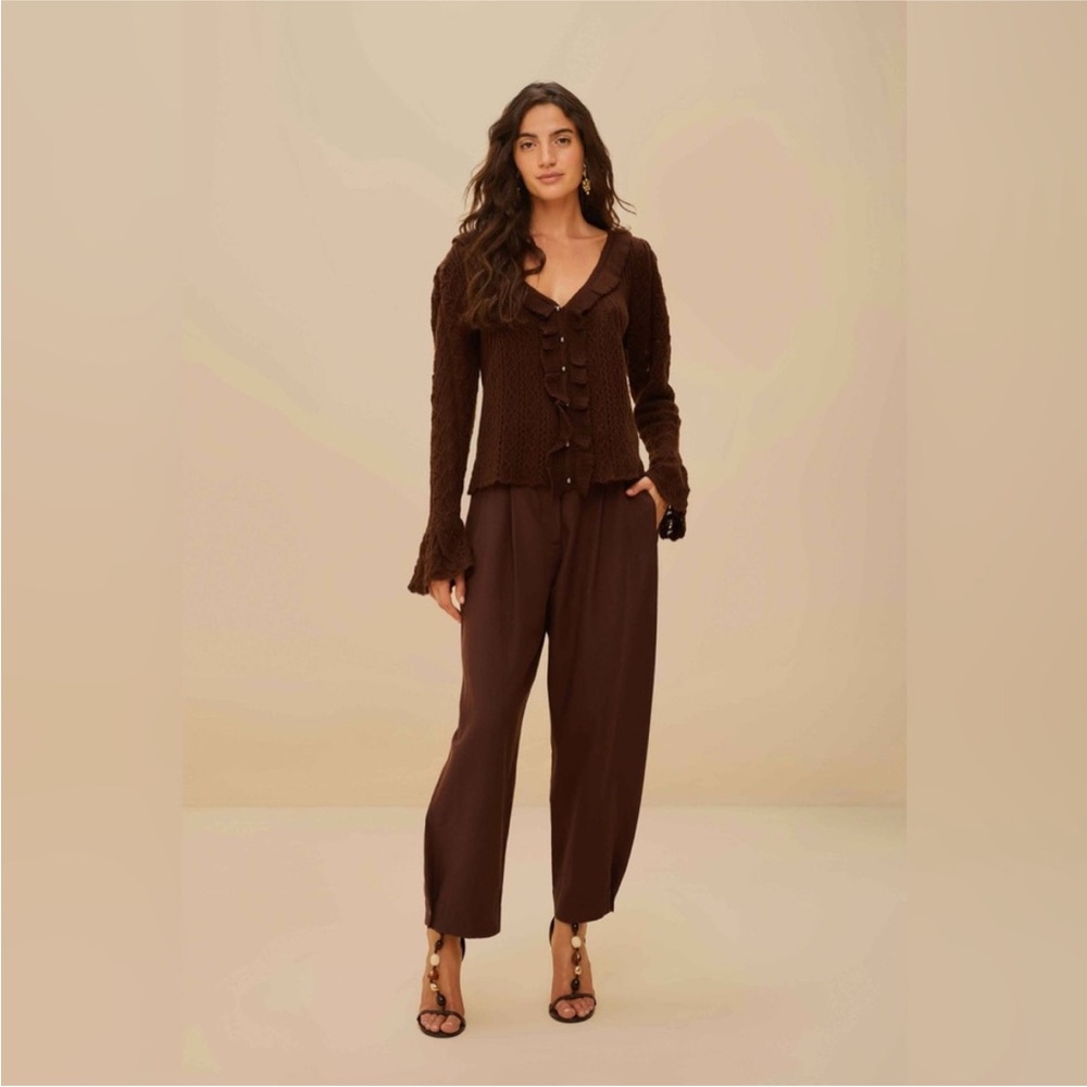 Farm Rio: NWT: Lace Stitch Knit Ruffles Cardigan - Brown DT - Picture 7 of 11